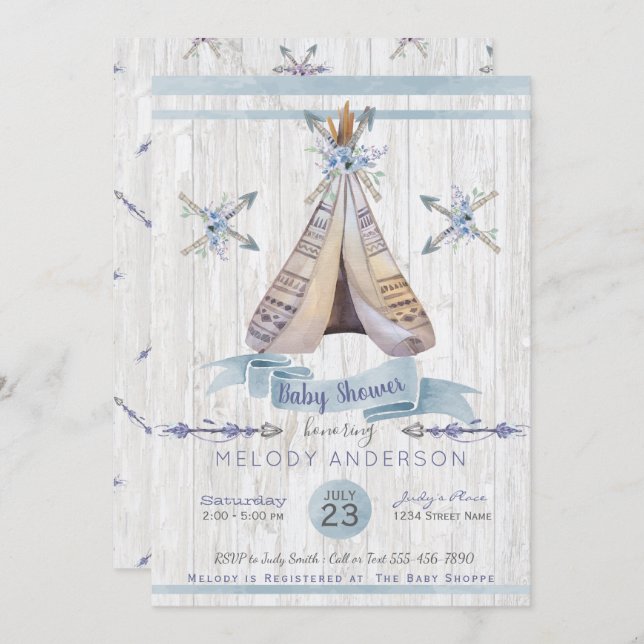 Boy Baby Blue Shower Boho Chic Teepee & Arrows Invitation (Front/Back)