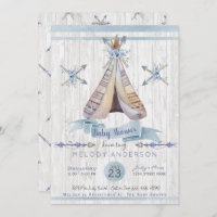 Boy Baby Blue Shower Boho Chic Teepee & Arrows Invitation