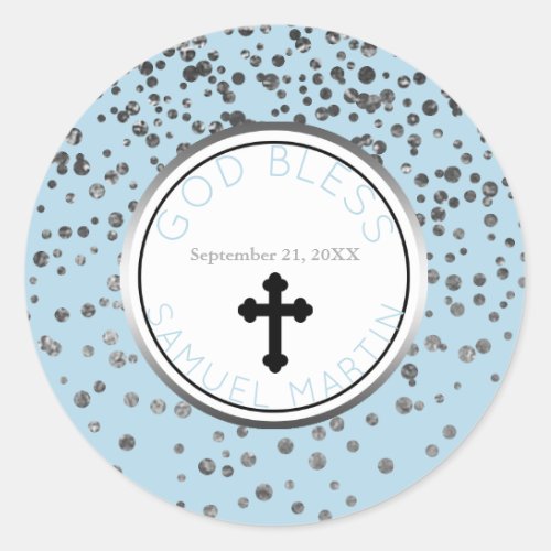 Boy Baby Blue Silver Personalized Religious Favor Classic Round Sticker