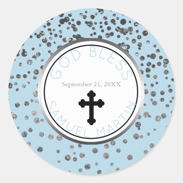 Boy Baby Blue Silver Personalized Religious Favor Classic Round Sticker (Front)