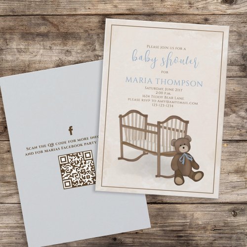 Boy Baby Blue Teddy Bear QR Code Social Media Invitation