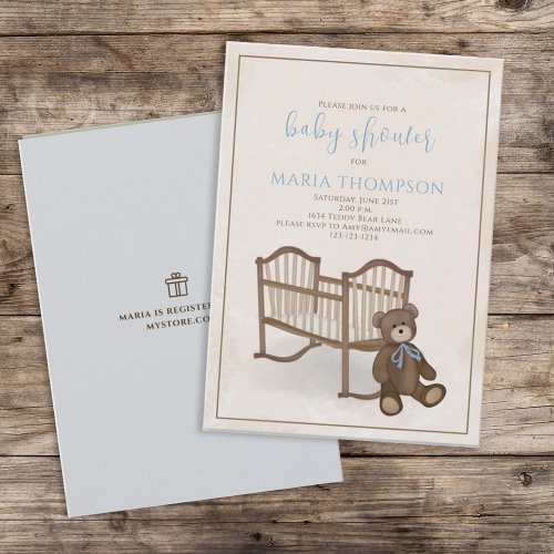 Boy Baby Blue Vintage Teddy Bear Gift Registry Invitation