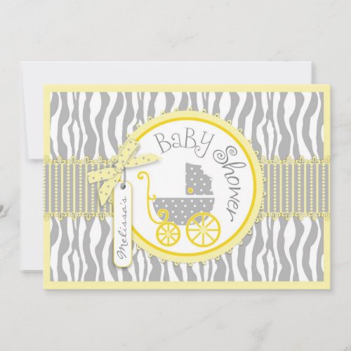BOY Baby Carriage, Zebra Print, Yellow Baby Shower Announcement
