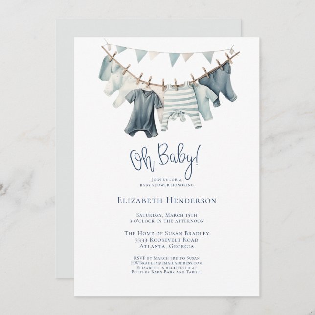 Boy Baby Clothes Clothesline Boy Baby Shower Invitation (Front/Back)