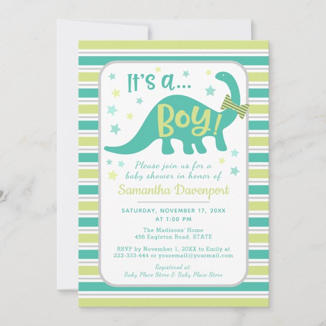 Boy Baby Dinosaur Mint Green Shower Invitation (Front)