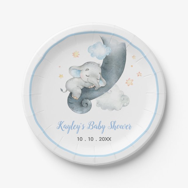 Boy Baby Elephant Baby Shower (Sleeping Dreamy) Paper Plates (Front)