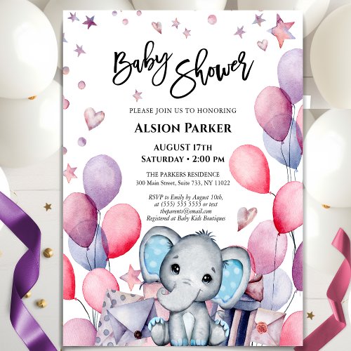 Boy Baby Elephant Blue Balloons Cute Baby Shower Invitation