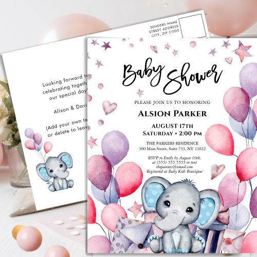 Boy Baby Elephant Blue Balloons Cute Baby Shower Invitation Postcard