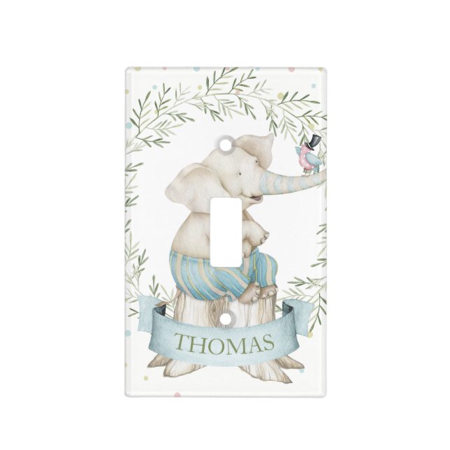 Boy Baby Elephant Blue Green Beige Light Switch Cover (Front)