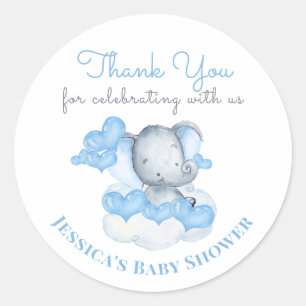 Boy Baby Elephant with Blue Hearts - Thank You Classic Round Sticker