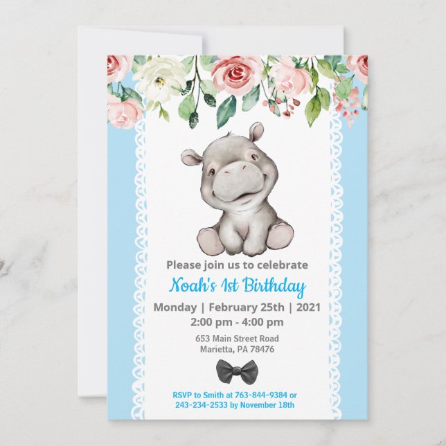 Boy Baby Hippo Birthday Party Invitation (Front)