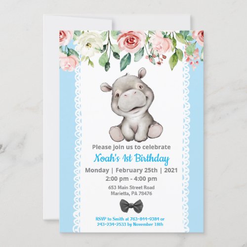 Boy Baby Hippo Birthday Party Invitation