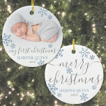 Boy Baby My First Christmas Photo Ceramic Ornament<br><div class="desc">Introducing a beautifully simple and elegant Christmas ornament, perfect for celebrating a baby boy’s first holiday season. The front features a cherished photo of your little one with the phrase "My First Christmas" in soft gray script, along with the baby's name and year below. A mix of dusty blue and...</div>
