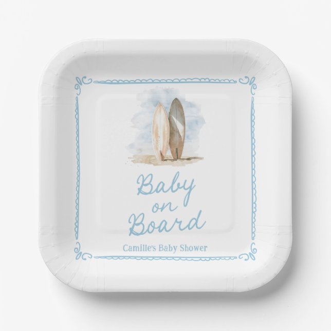 Boy Baby on Board Beach Baby Shower Paper Plates (Front)