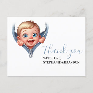 Boy Baby Peeking out Baby Shower White Thank You Postcard