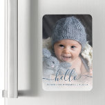 Boy Baby Photo Blue Hello Birth Announcement Magnet<br><div class="desc">Celebrate the arrival of your new baby boy with this keepsake flexible magnet, featuring the word "hello" in elegant blue handwriting script with swashes at the beginning and end. Personalize it with baby's name and birth date, and replace the sample image with your favorite baby photo. A white gradient filter...</div>