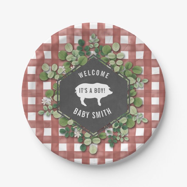 Boy Baby Q Botanical Gingham Baby Shower Paper Plates (Front)