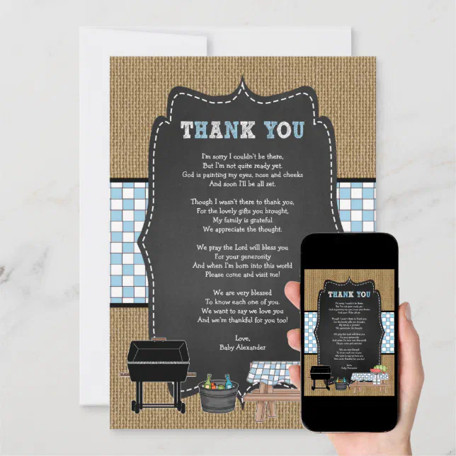 Boy Baby Q thank you notes poem / BBQ baby shower Invitation Zazzle