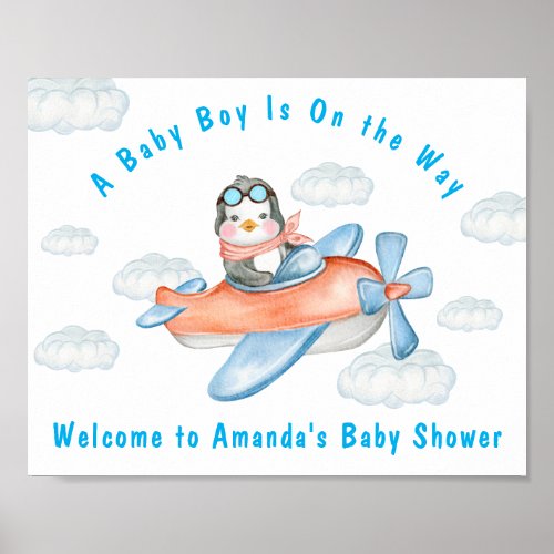 Boy Baby Shower Airplane Blue Penguin Poster