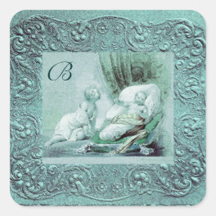 BOY BABY SHOWER ANTIQUE BLUE FLORAL MONOGRAM SQUARE STICKER