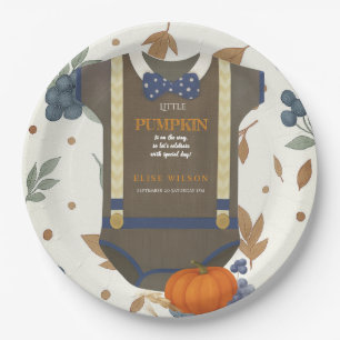 Boy baby shower autum fall blue burlap bodysuit paper plates