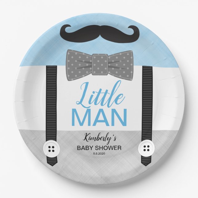 Boy baby shower baby blue gray little man theme paper plates (Front)