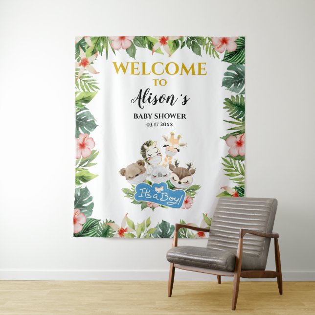 Boy Baby Shower BACKDROP | Cute Gold Safari Friend (In Situ)