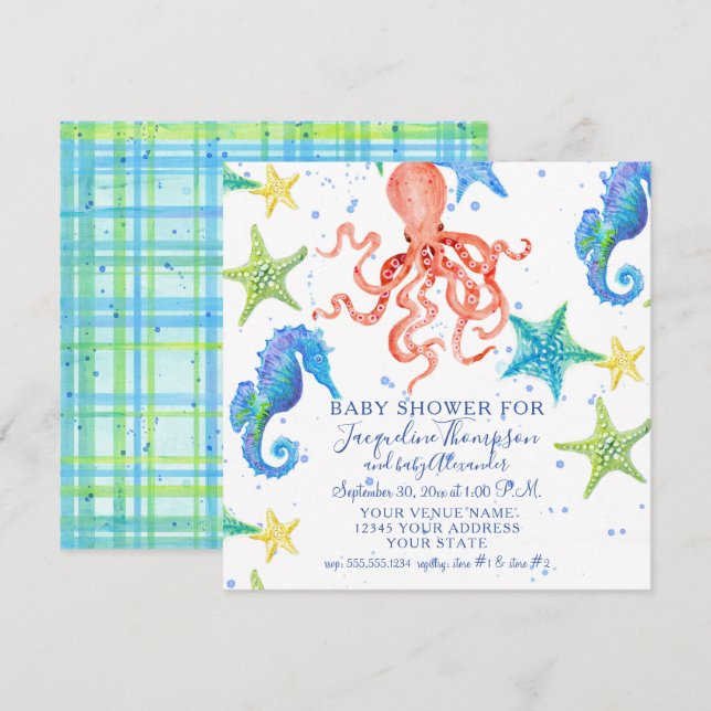 Boy Baby Shower Beach Starfish Octopus Seahorse Invitation (Front/Back)