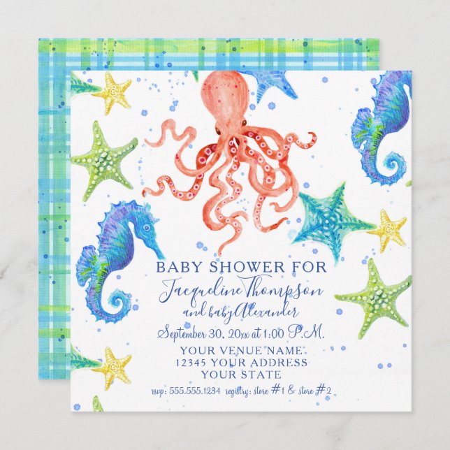 Boy Baby Shower Beach Starfish Octopus Seahorse Invitation (Front/Back)