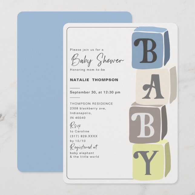 Boy Baby Shower Blocks Blue Invitation (Front/Back)