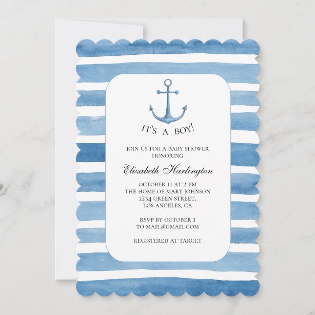 Boy baby shower. Blue anchor yacht invitation (Front)