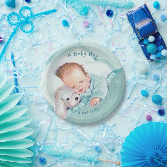  Boy Baby Shower Blue Blanket Toy Dog Paper Plates (Party)