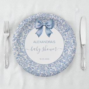 Boy Baby Shower Blue Bow Floral Pattern Script Paper Plates