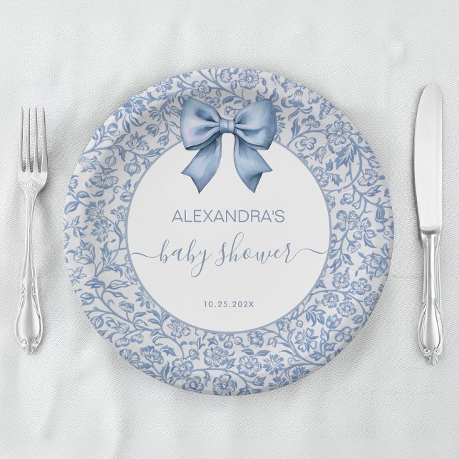 Boy Baby Shower Blue Bow Floral Pattern Script Paper Plates (Creator Uploaded)