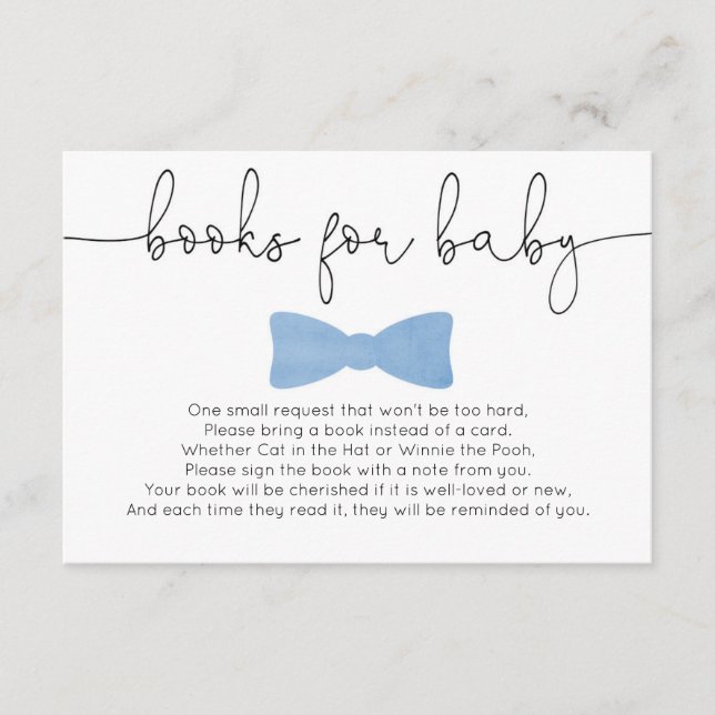 Boy baby shower blue bow tie books for baby enclosure card (Front)