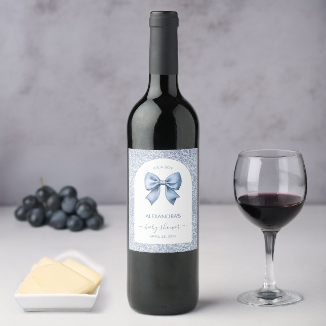 Boy Baby Shower Blue Bow White Arch Floral Pattern Wine Label (Creator Uploaded)