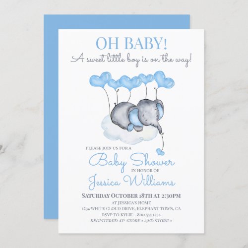 Boy Baby Shower Blue Elephant on Cloud Invitation