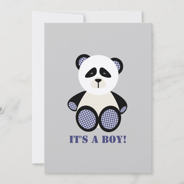 Boy Baby Shower: Blue Gingham Panda Invitation (Front)