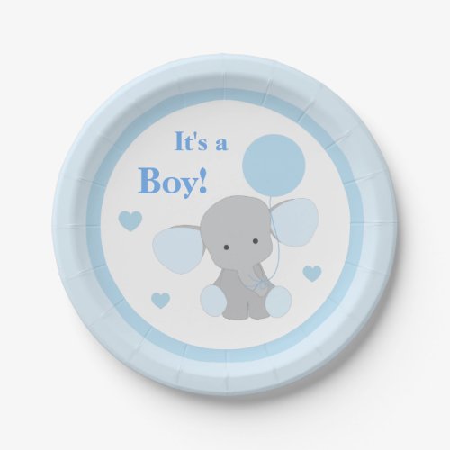 Boy Baby Shower Blue Gray Elephant Sprinkle Party Paper Plates