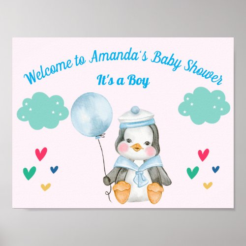 Boy Baby Shower Blue Green Penguin Animal Welcome Poster