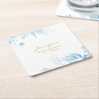 Boy Baby Shower, Blue Monochrome Still Life Floral Square Paper Coaster