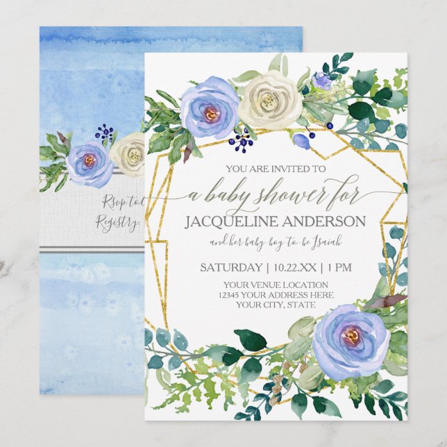 Boy Baby Shower Blue n White Roses Geometric Frame Invitation (Front/Back)