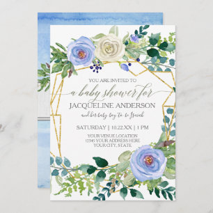 Boy Baby Shower Blue n White Roses Geometric Frame Invitation