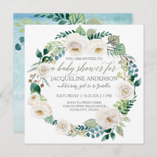 Boy Baby Shower Blue n White Roses Leaf Wreath Invitation