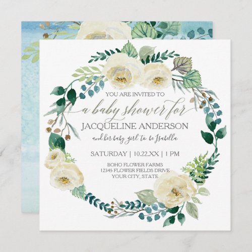 Boy Baby Shower Blue n White Roses Leaf Wreath Invitation