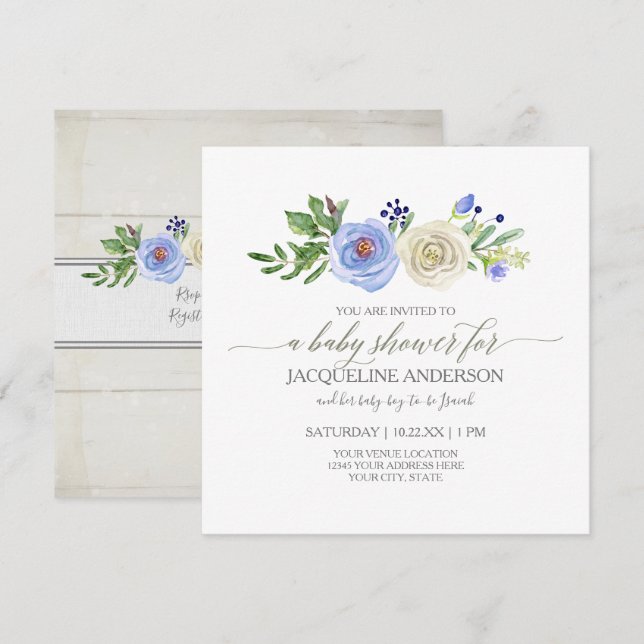 Boy Baby Shower Blue n White Roses Rustic Wood Invitation (Front/Back)