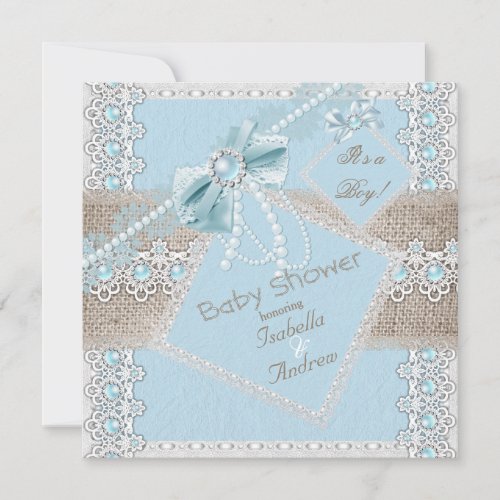 Boy Baby Shower Blue Pearl Bow Lace Vintage 2 Invitation