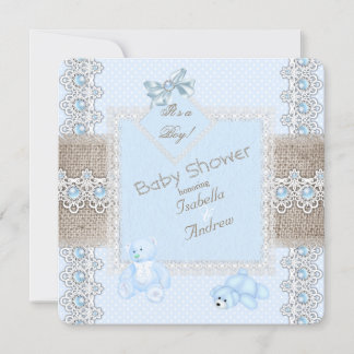 Boy Baby Shower Blue Pearl Lace Vintage Bears Spot Invitation