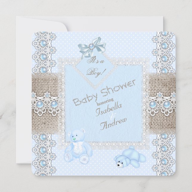 Boy Baby Shower Blue Pearl Lace Vintage Bears Spot Invitation (Front)