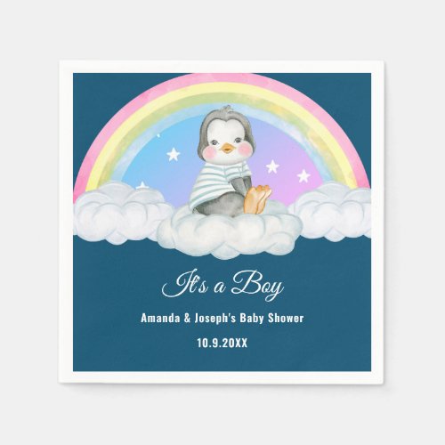 Boy Baby Shower Blue Rainbow Penguin  Napkins